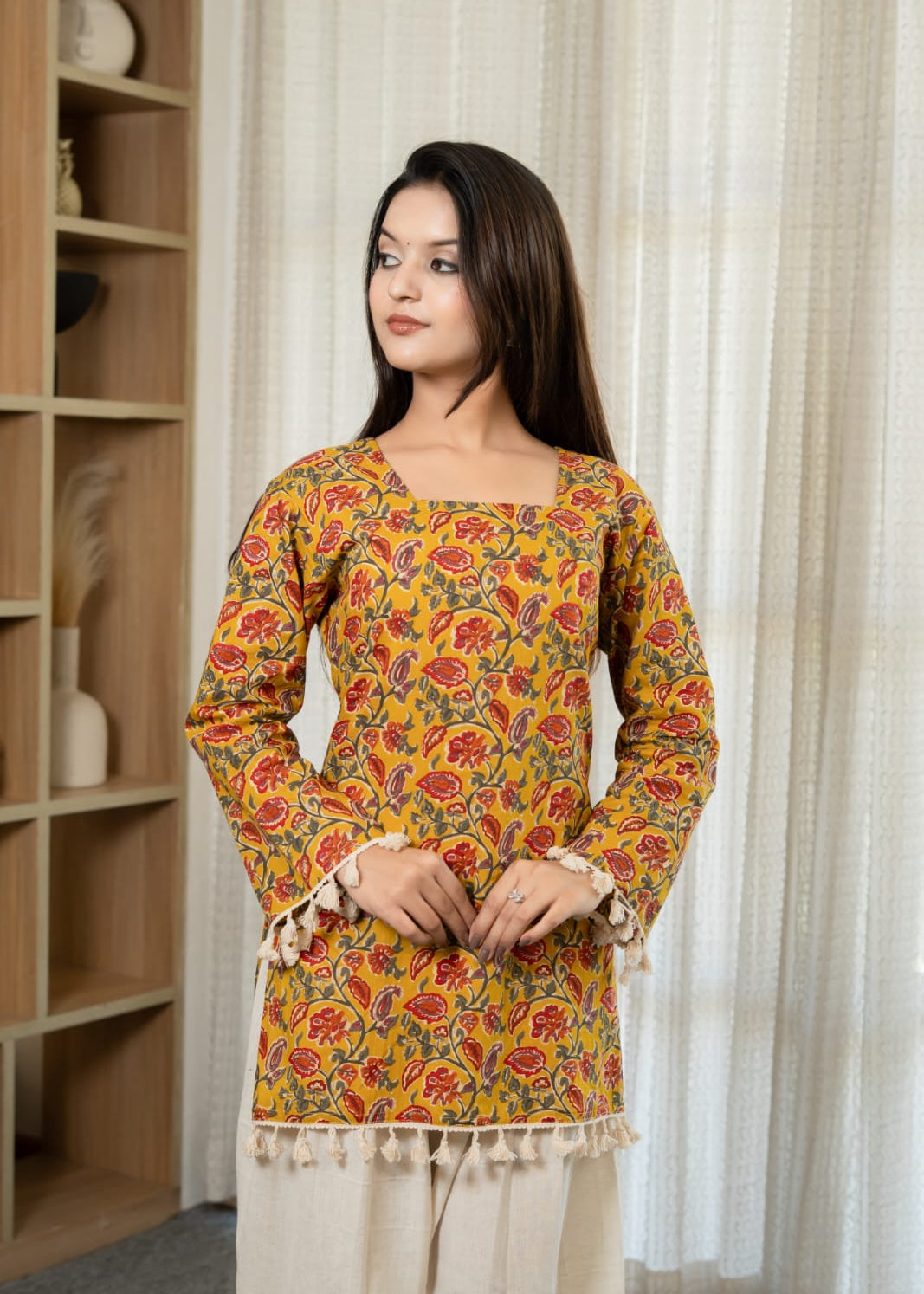Mustard Floral Printed Tassel Kurti