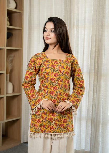 Mustard Floral Printed Tassel Kurti
