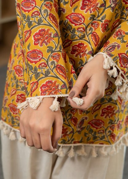 Mustard Floral Printed Tassel Kurti