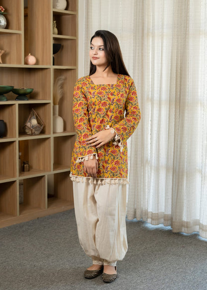 Mustard Floral Printed Tassel Kurti