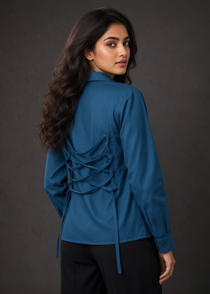 Teal Blue Hand Printed Shirt