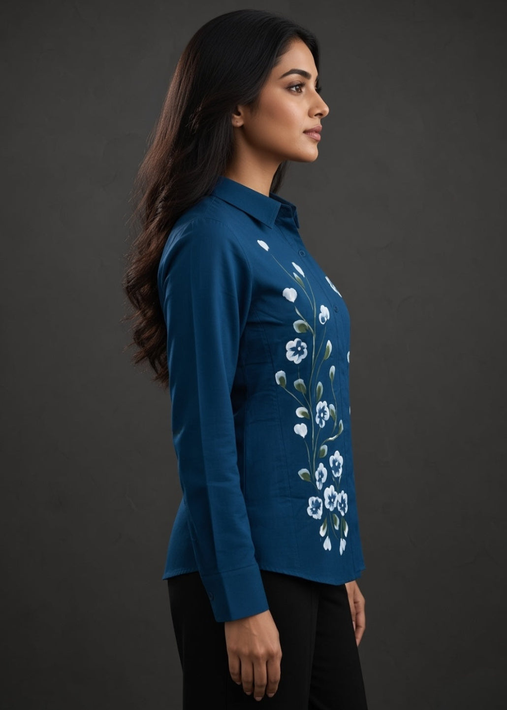 Teal Blue Hand Printed Shirt