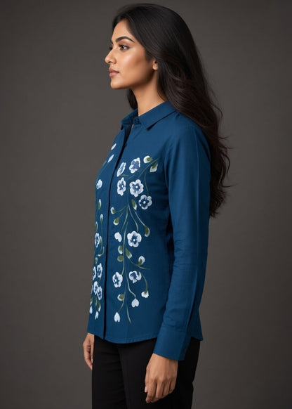 Teal Blue Hand Printed Shirt