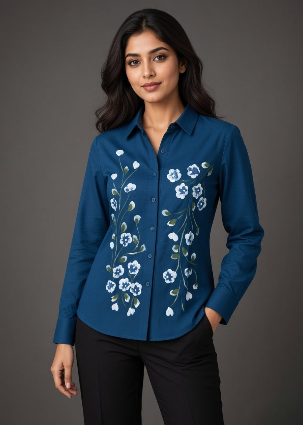 Teal Blue Hand Printed Shirt