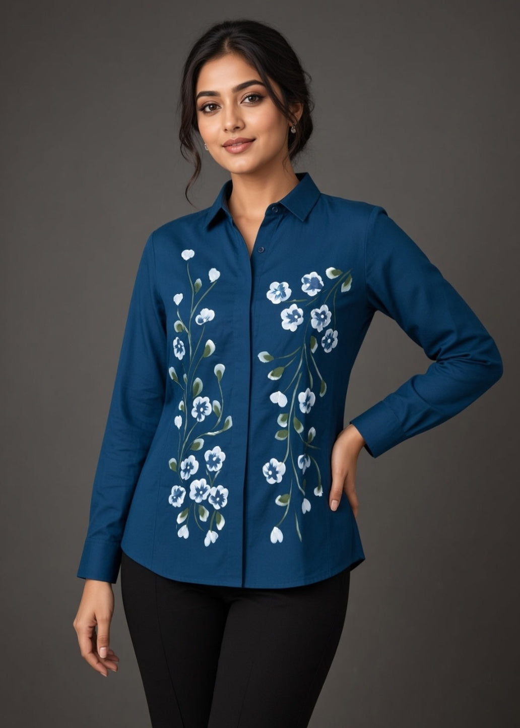 Teal Blue Hand Printed Shirt