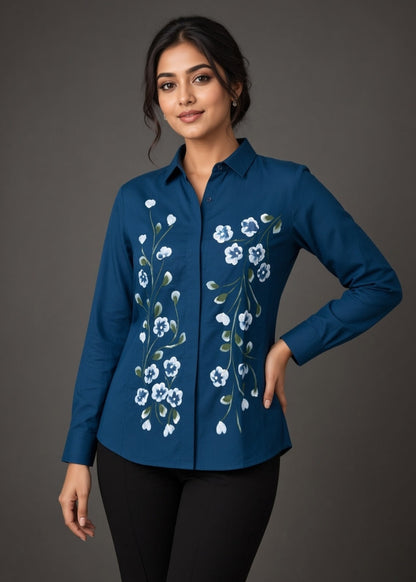 Teal Blue Hand Printed Shirt