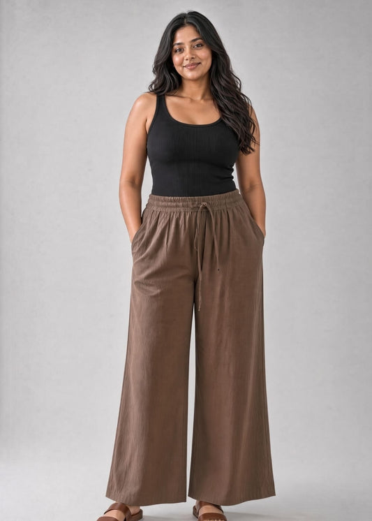 Mocha Brown Cotton Wide Leg  Pant