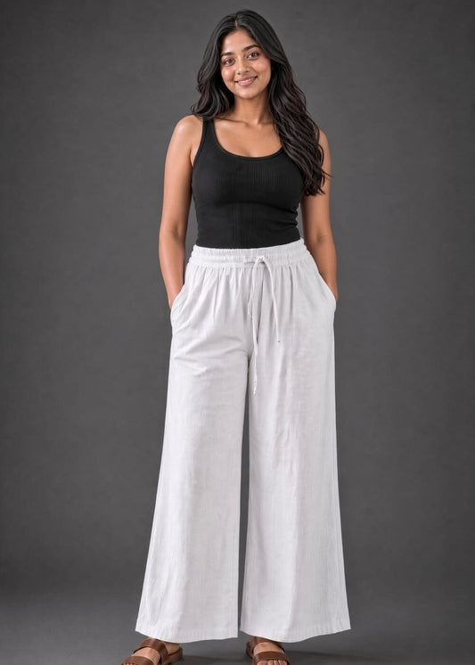 White Cotton Wide Leg  Pant