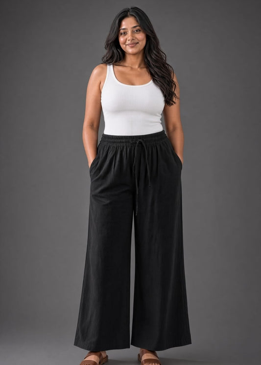 Black Cotton Wide Leg  Pant