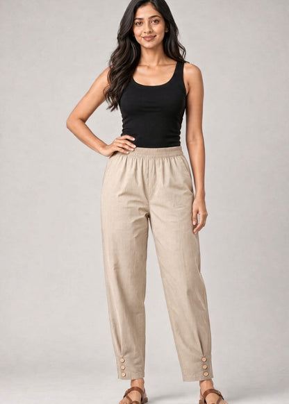 Beige Cotton Pathani Button Pant