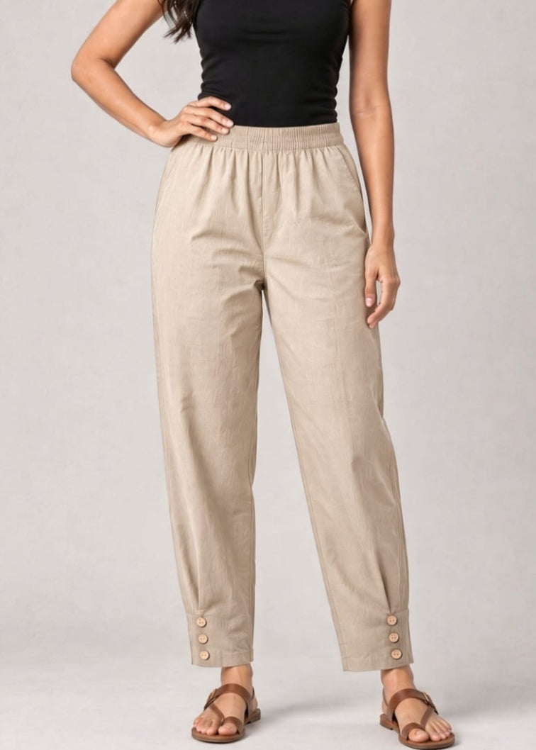 Beige Cotton Pathani Button Pant