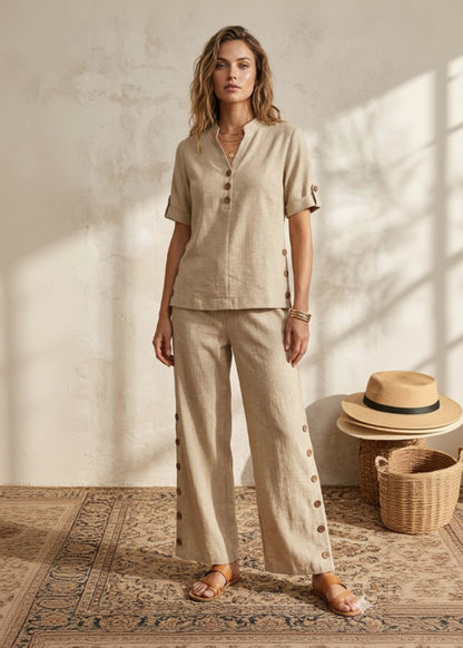 Beige Cotton Linen Co-Ord Set