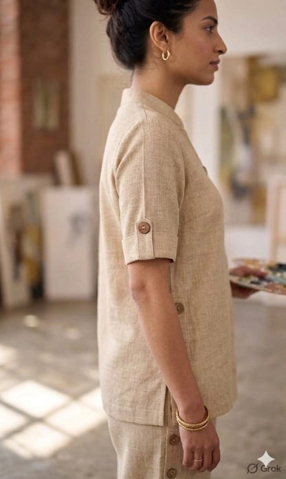 Beige Cotton Linen Co-Ord Set