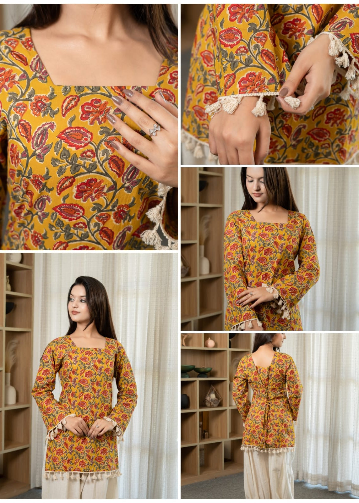 Mustard Floral Printed Tassel Kurti